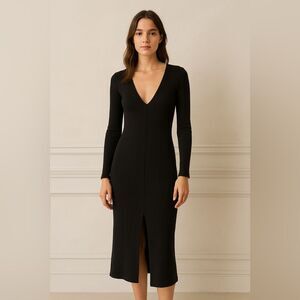 ZARA Black Ribbed Knit Sweater Midi Dress – Long Sleeve V-Neck with Front Slit M